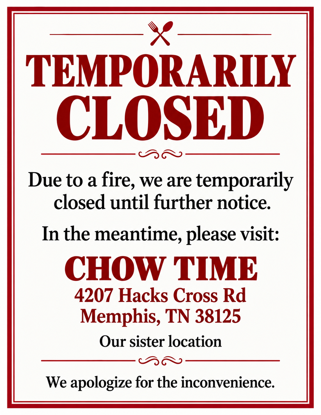 Temporarily closed due to a fire. Please visit Chow Time, our sister location, at 4207 Hacks Cross Road, Memphis, TN 38125.